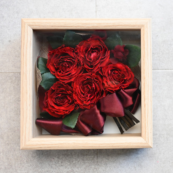 花の保存・内寸15cm正方形ウッド調フレームミニ花束風