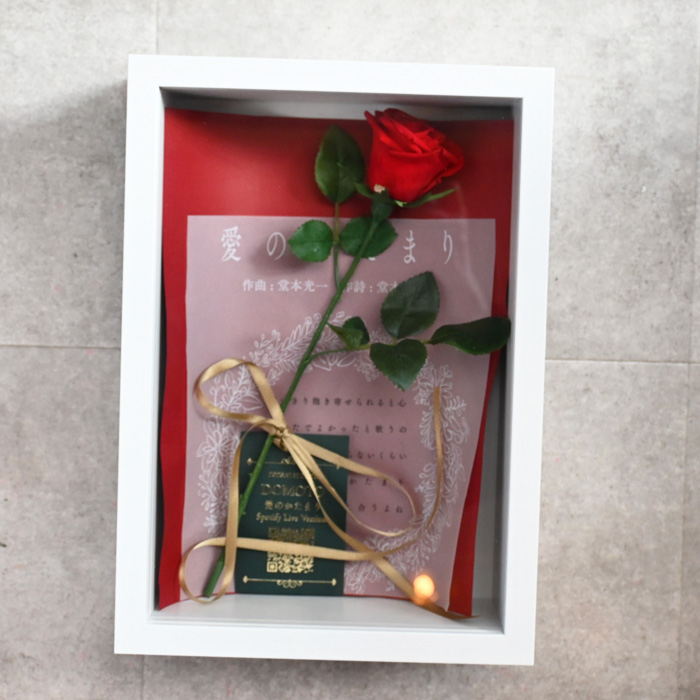 花の保存・堂本さんバラ1本とペーパー&リボンタグ等シンプル大フレーム（オリジナルバージョン）